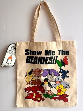 Show Me The Beanies!! Canvas Tote Bag - Beige with Colorful Beanie Babies Print